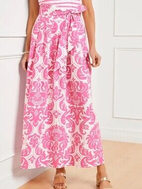 TALBOTS NWT Piper Pleated Maxi Skirt Pink White Floral Damask Print 12 Petite